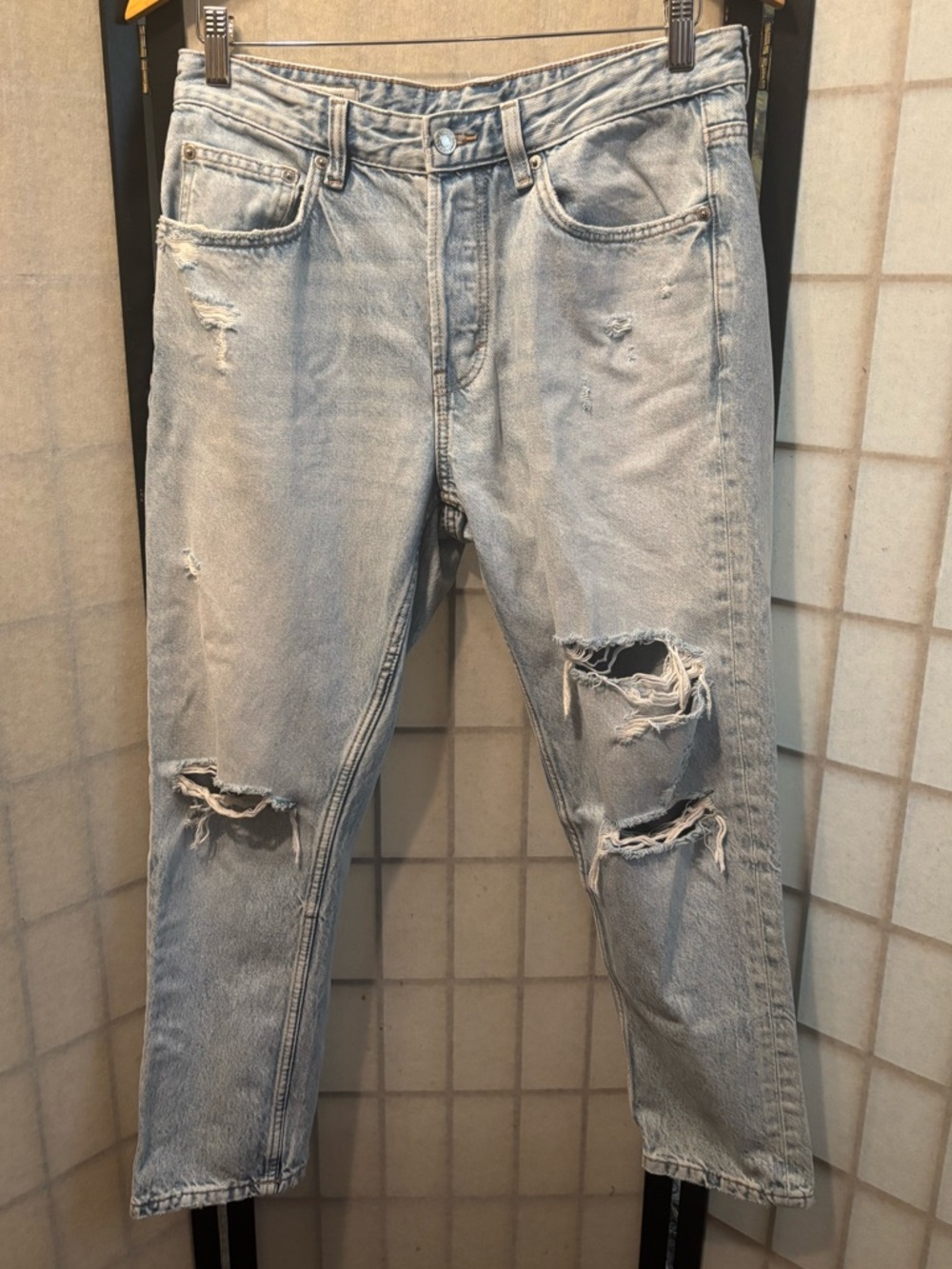 ZARA Cotton Light Blue Distressed Button Fly Jeans - Classic Ripped Denim